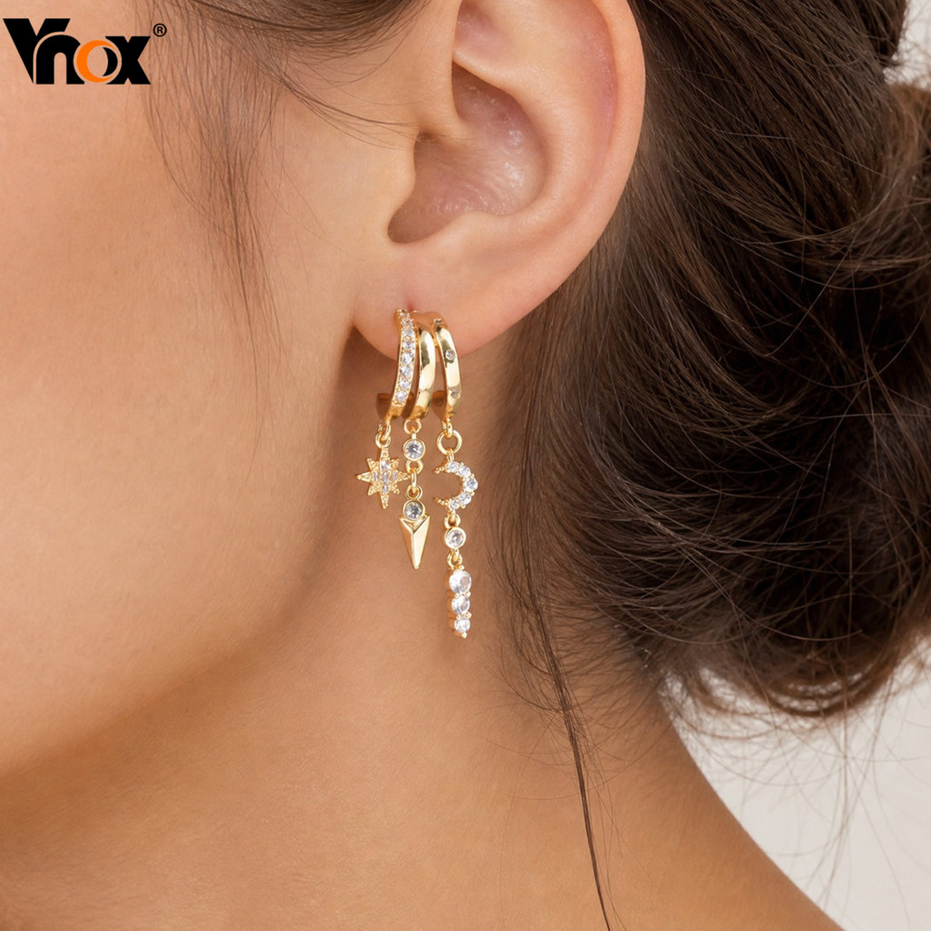 Vnox Tassel Huggie Hoop Brincos Mulheres Zircão Estrela Lua Presente