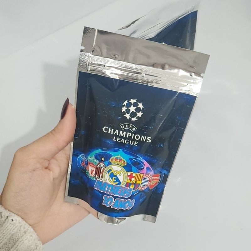 SAQUINHO METALIZADO CHAMPIONS LEAGUE LEMBRANCINHA PERSONALIZADA PARA FESTA INFANTIL ANIVERSÁRIO DE MENINO