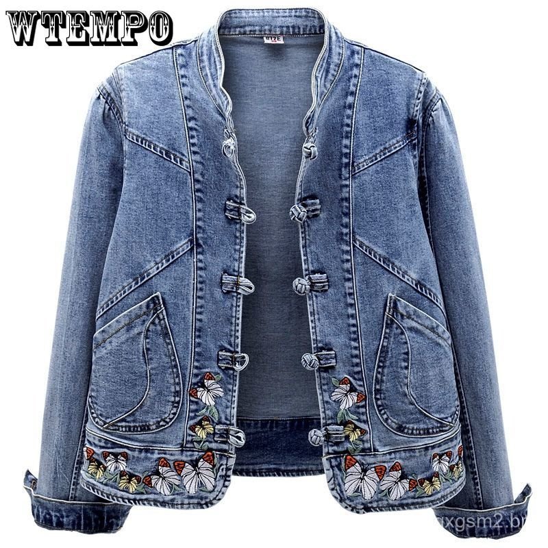 Jaqueta curta de jeans vintage com bordado chinoiserie, jaqueta feminina elástica para primavera e outono, tops slim de