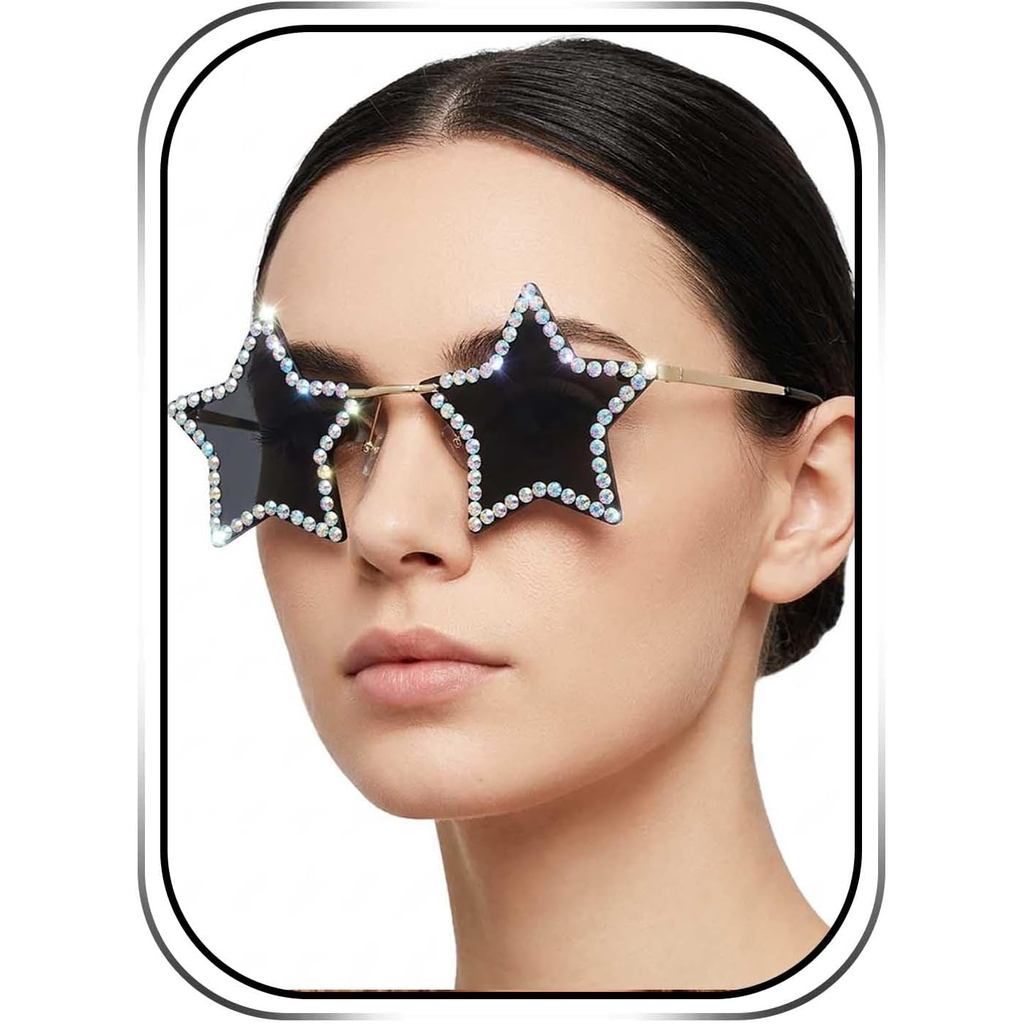 Óculos de Sol em Forma de Estrela Woeoe com Strass, Sem Armação, para Mulheres