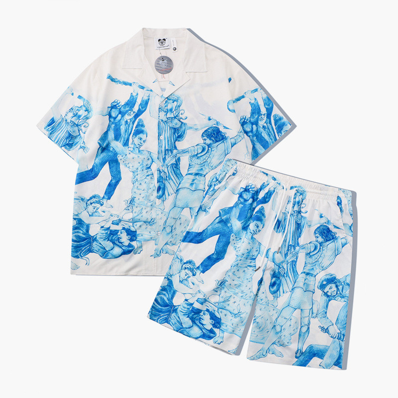 [Novo produto] Marca masculina rua juventude personagem impressão Digital lapela solta Casual conjunto de camisa de mang