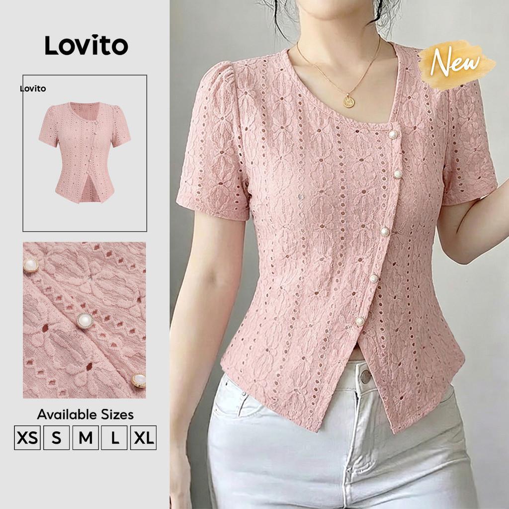 (New Arrival) Lovito Camiseta Elegante Assimétrica Jacquard Botão Primavera/verão Rosa para Mulheres TSB201P1D086