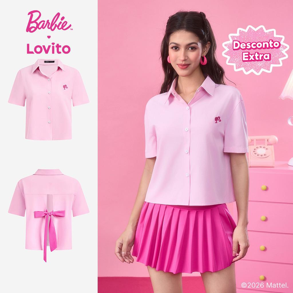 Barbie™ X Lovito Casual Blusa Rosa De Manga Curta Com Botões Para Primavera/verã