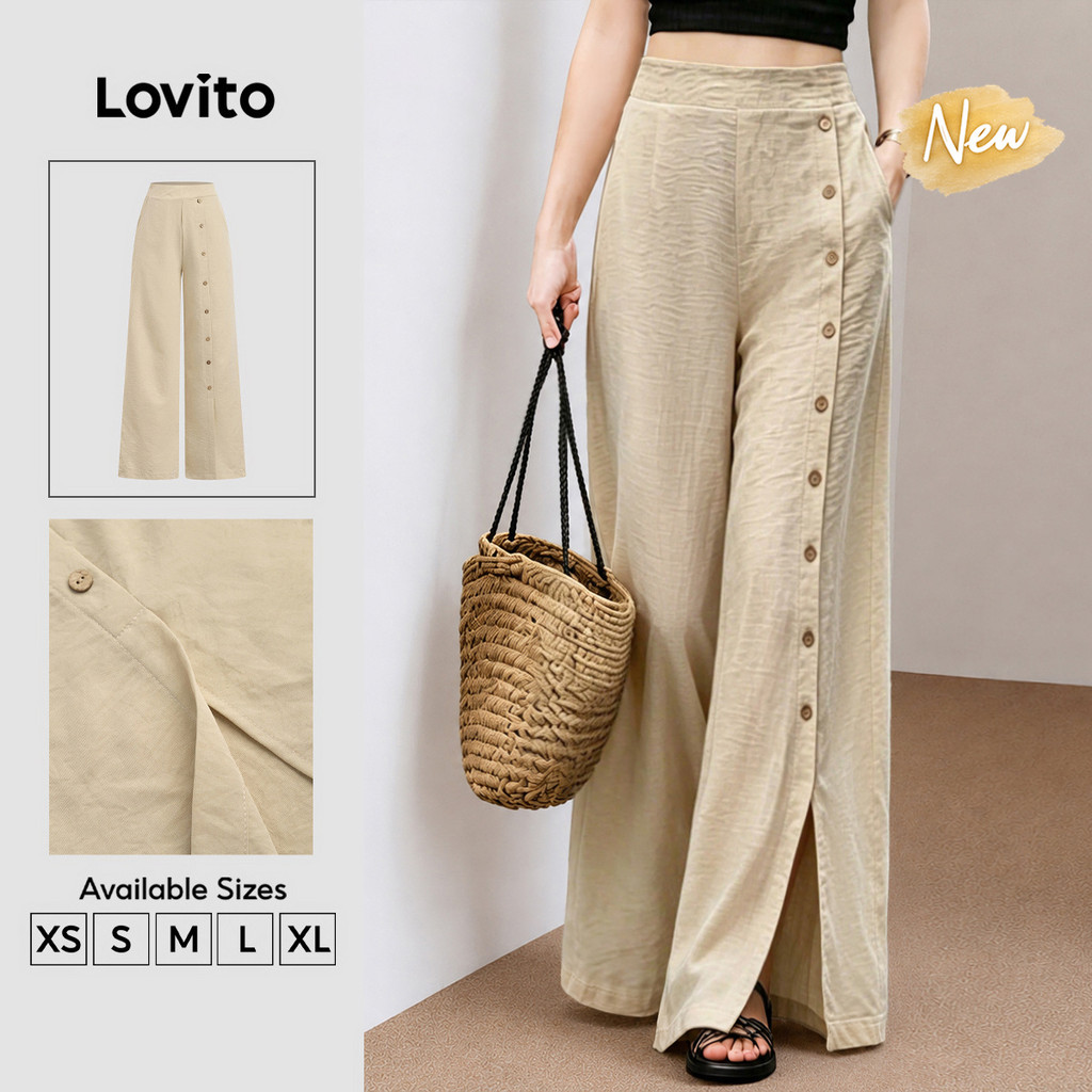 (New Arrival) Lovito Calças Elegantes com Botões Frontais para Mulheres Estilo Casual Primavera/verão Cor caqui PTB202P2D440