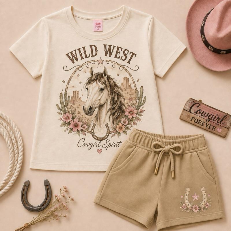 Conjunto Infantil Feminino Country Cavalo Wild West – Camiseta Estampada + Short Moletinho Caqui Menina