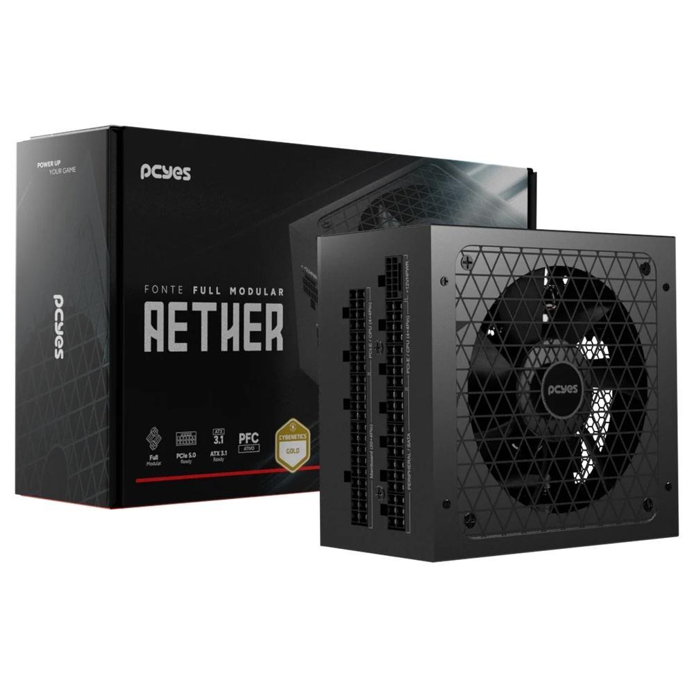 Fonte Gamer PCYES Aether 1000W Full Modular Gold PCIe 5.0 ATX 3.1 Cybenetics Gol