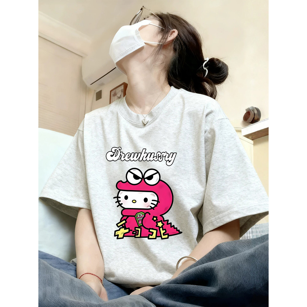 Diversão dos desenhos animados crocodilo kitty impresso camiseta de manga curta das mulheres dos homens americano Street