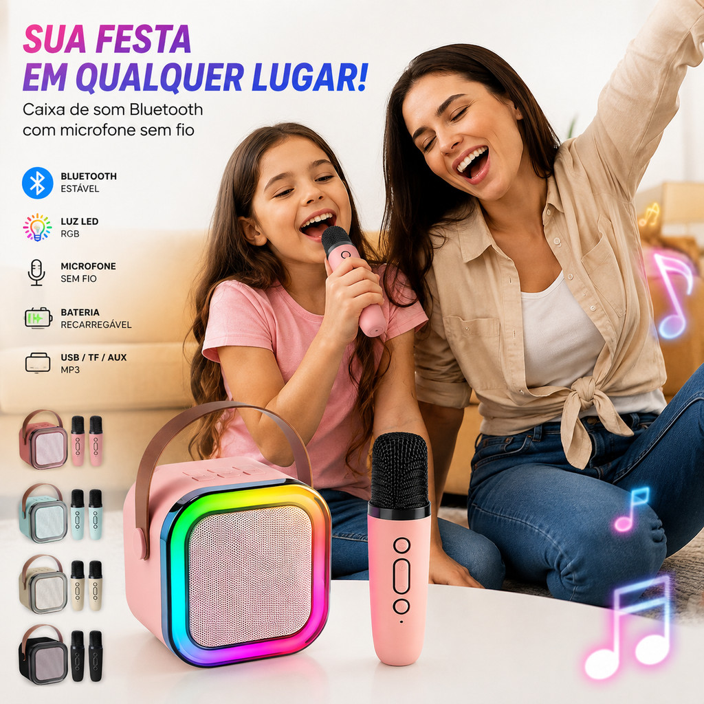 Caixa de Som Bluetooth Portátil RGB Karaokê com Microfone Sem Fio USB TF AUX