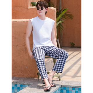 Homens homens algodão seda pijama calças estilo fino verão praia verão casa calças de algodão seda pijamas xadrez mascul