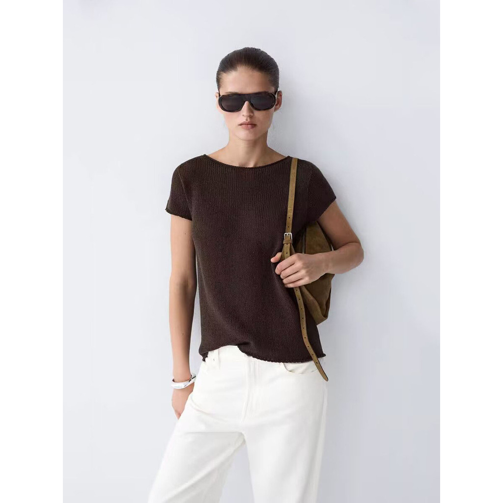 MD Camiseta feminina verão novo estilo Casual simples estilo viajante estilo básico gola redonda algodão misturado suéte
