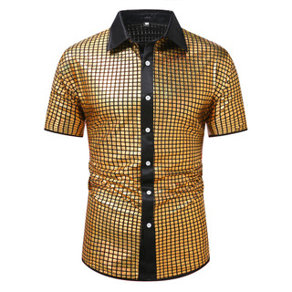 Dourado brilhante lantejoulas desempenho de palco camisa de manga curta músculo masculino Plus Size Di Bar frito estilo 