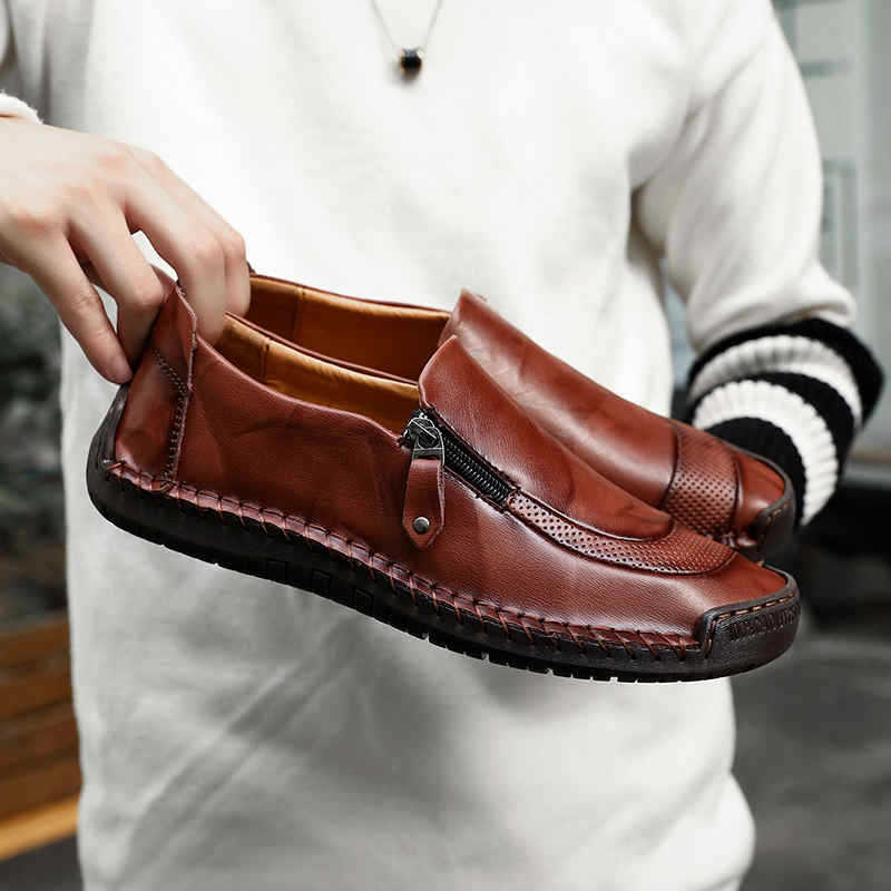 Sapatos masculinos de couro genuíno sapatos artesanais 2019 sapatos casuais masculinos respirável ervilhas sapatos na mo