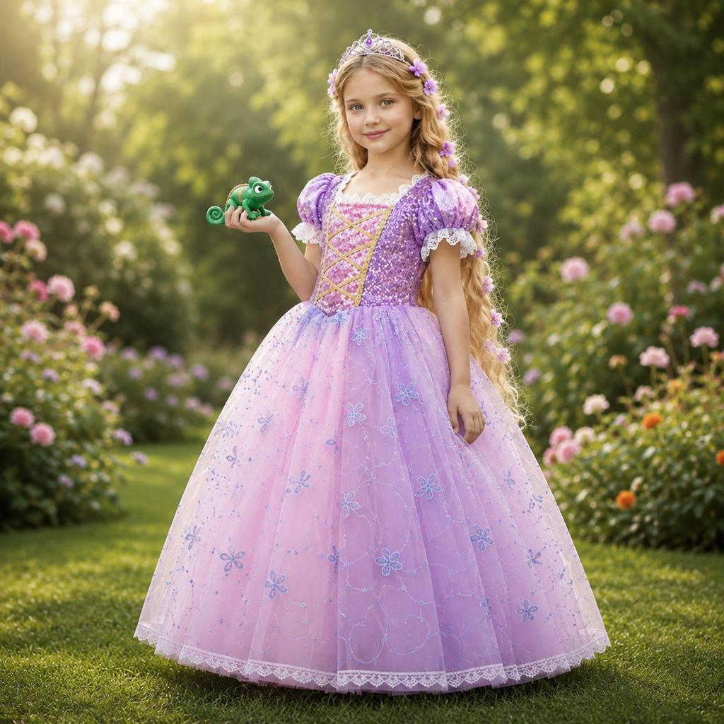 Fantasia Rapunzel Infantil pra Menina de Luxo Vestido Princesa Longo