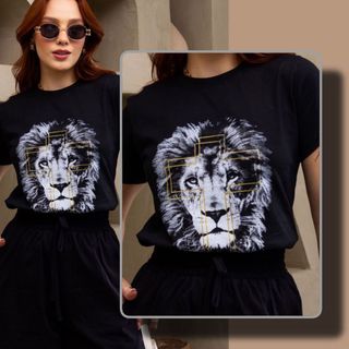 Camiseta Blusa Feminina Preta Leão Algodão Estampada Premium Camisa Casual Manga Curta