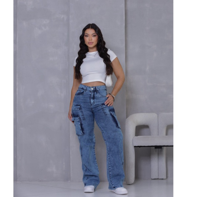Calça Jeans Cargo Feminina Wide Leg Cintura Alta 4 Bolsos Premium Tendência com lycra