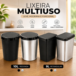 Lixeira Cesto 09 Litros 10 Litros Efeito Inox Com Tampa Click Label Banheiro Cozinha Redonda Retangular