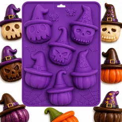 Forma de Silicone Halloween Abóbora Assustadora e Caveiras – 6 Cavidades