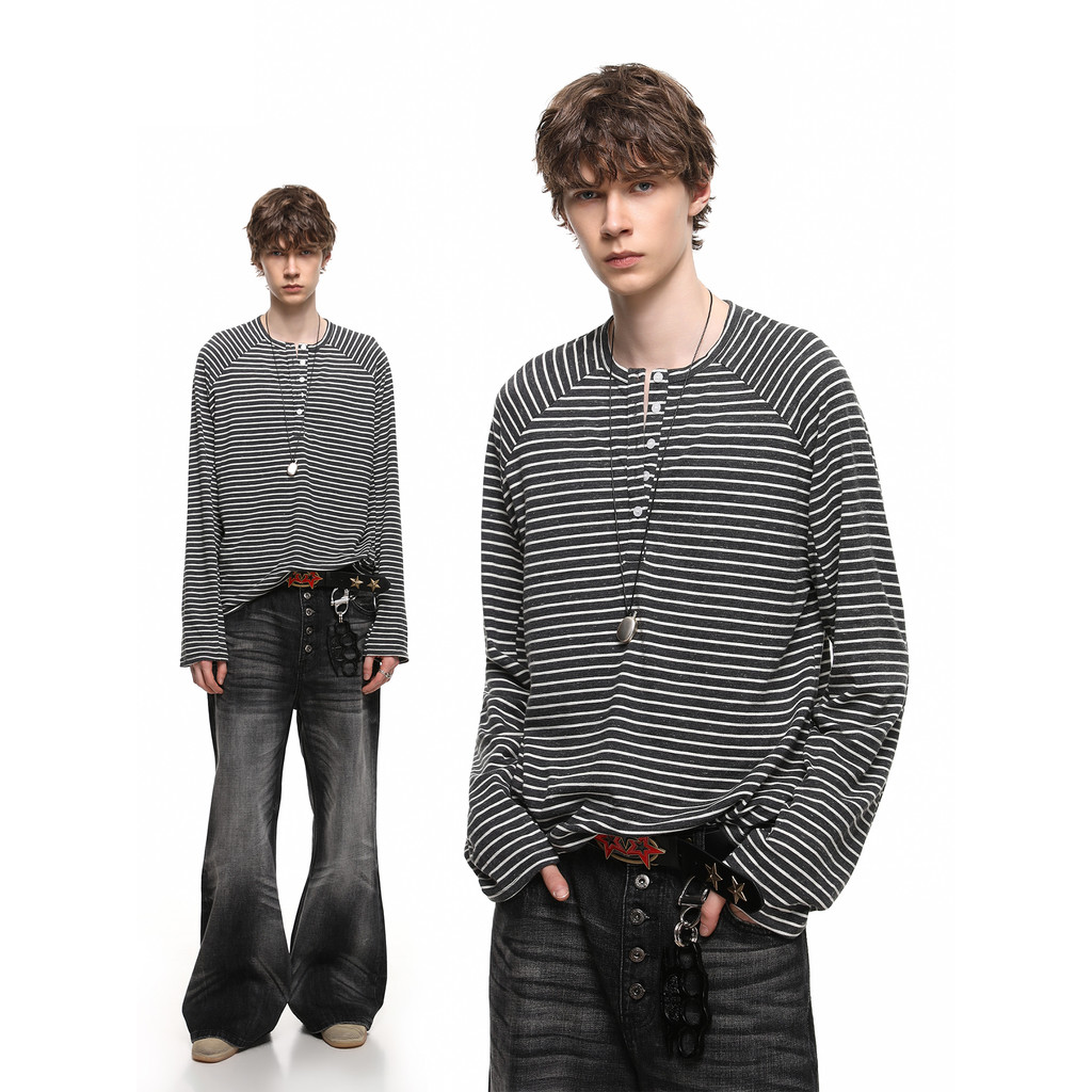 Solto estilo preguiçoso listrado Henry camisa masculina feminina primavera solta Casual manga comprida camiseta simples 