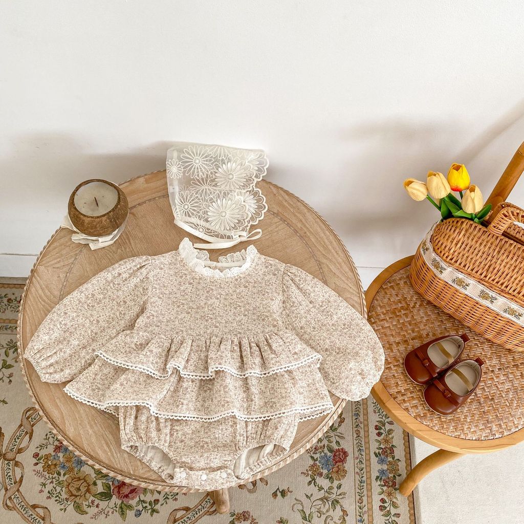 Crianças infantis 2026 primavera novo estilo bebê menina saia de renda dupla fio de algodão impresso manga comprida Ha s