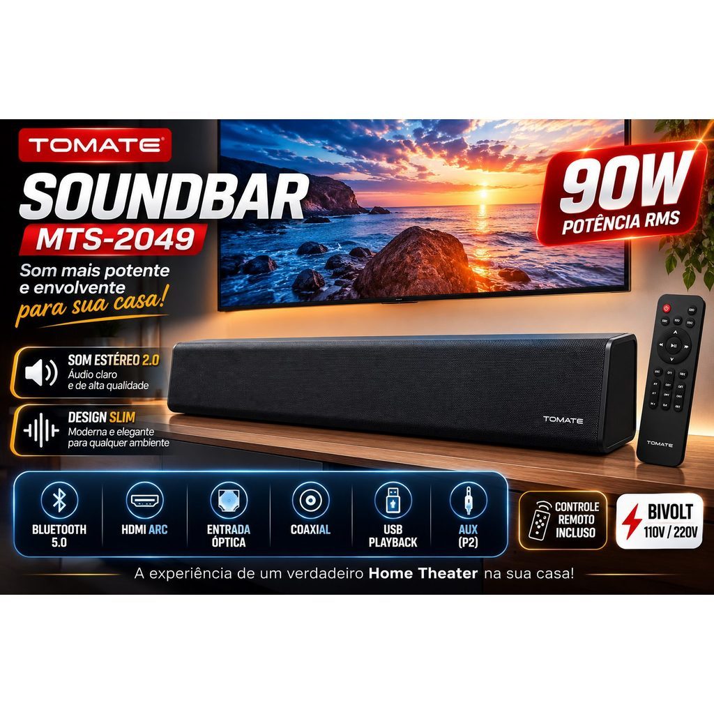 Soundbar Tomate MTS-2049 90W Bluetooth HDMI ARC USB Óptica Coaxial AUX Barra de Som para Smart TV Home Theater