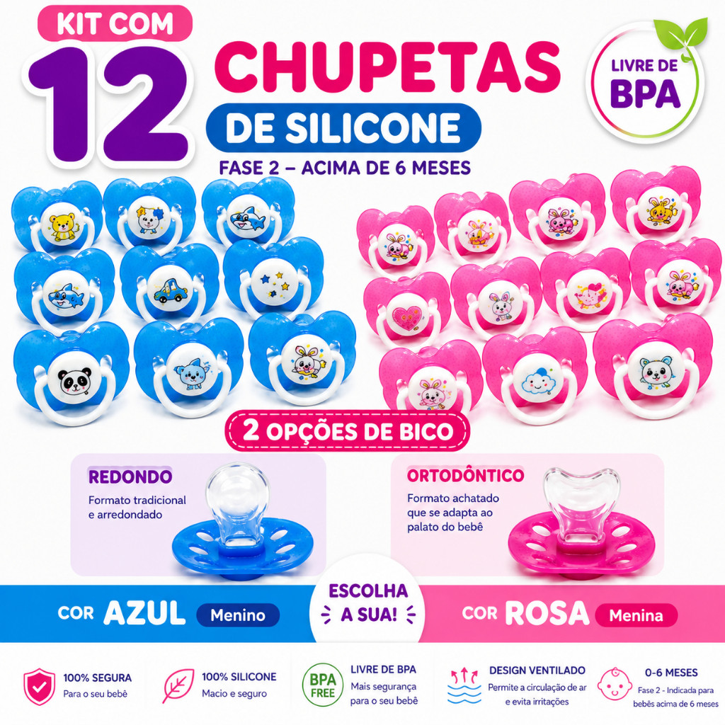 Kit Com 12 Chupetas Borboleta Bico Silicone Fase 2 Bico Redondo Ou Ortodôntico Menino Ou Menina