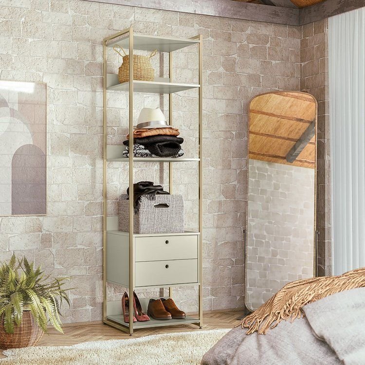 Modulo Estante Industrial 54cm com Prateleiras 2 Gavetas - Estrutura Metálica Branco/Off White