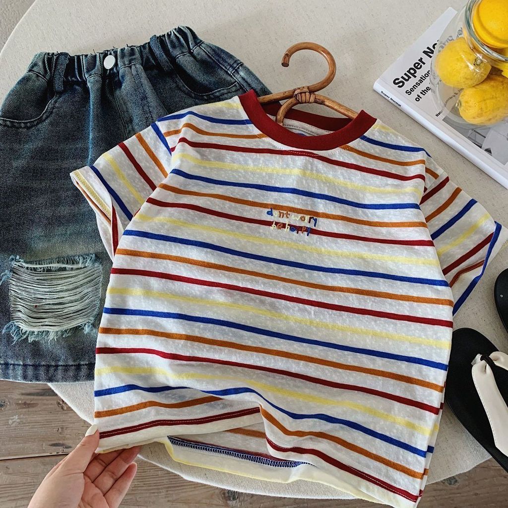 Crianças de manga curta meninos verão novo coreano listrado protetor solar camiseta bebê meninas respirável