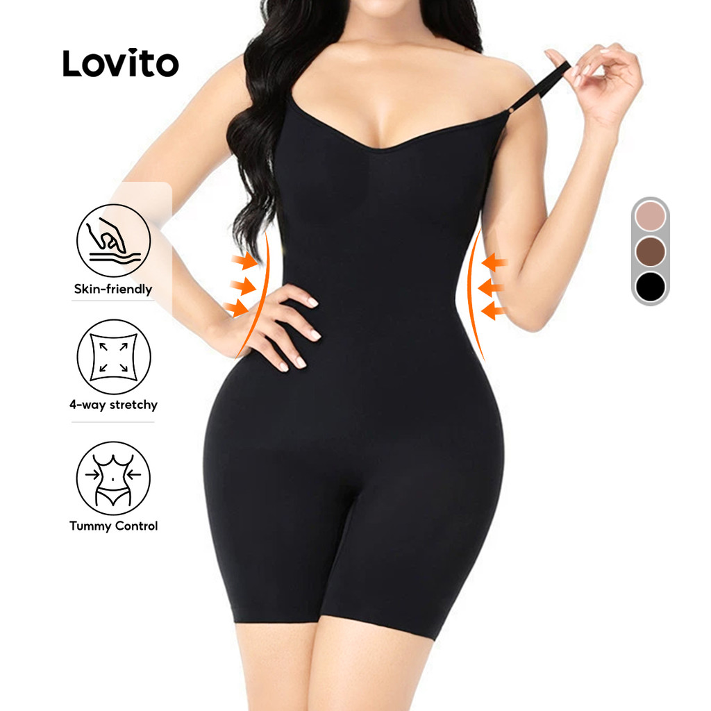 Lovito Fechamento com Botão e Zíper. Modelador Preto 4 Vias Elástico para Mulheres. LNE134185