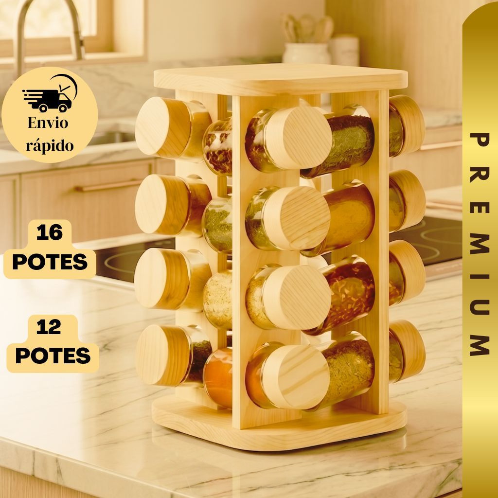 Porta Condimentos E Temperos de Bambu Premium 12/16 Potes De Vidro Com Tampa Dosadora Base Giratória Para Cozinha