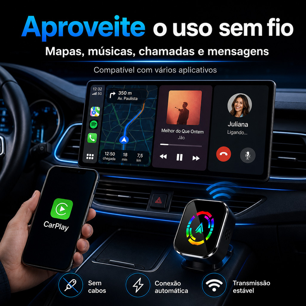 2026 Adaptador CarPlay Sem Fio 2 Em 1 Android Auto plug and play Automático