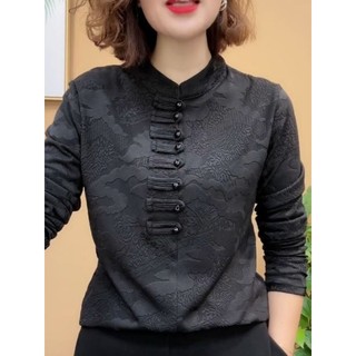 Manter quente médio grosso forro de lã senhoras camisa de fundo inverno interior Retro estilo étnico gola alta mais magr
