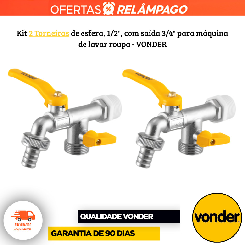 KIT 2 Torneiras de Esfera 1/2" com Saída 3/4" para Máquina de Lavar Roupa VONDER Original Tanque Mangueira