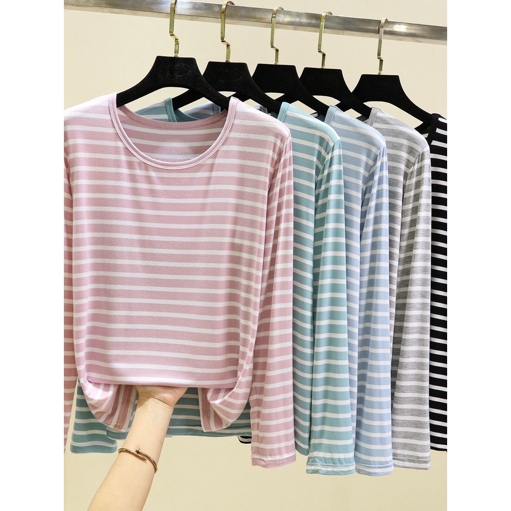 Modal Casual listrado topo primavera outono confortável All-Match manga comprida em torno do pescoço camiseta estilo fin