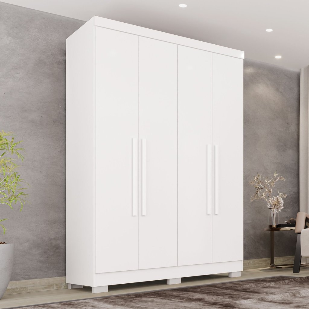 Guarda-Roupa Solteiro 4 Portas 2 Gavetas com Pés França Branco Branco
