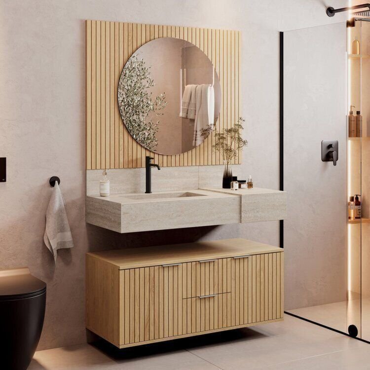Conjunto para Banheiro Bancada em Porcelanato com Cuba Esculpida, Armário e Espelho Ripy 100cm Yesca Amarelo