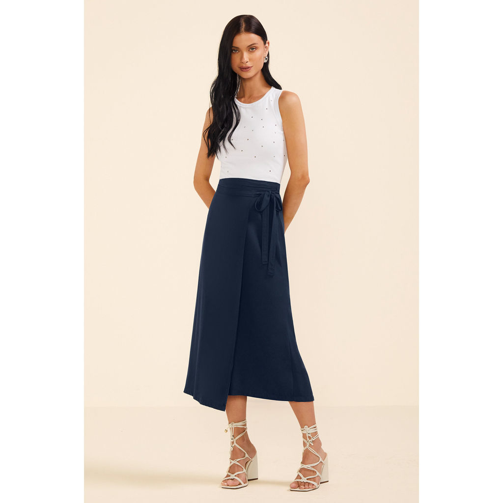 Saia Midi Feminina Viscose Transpassada Marialícia Azul