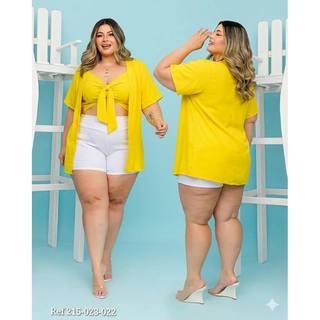 Conjunto Feminino Plus Size kimono 2 Peças Verão Cropped Sobretudo