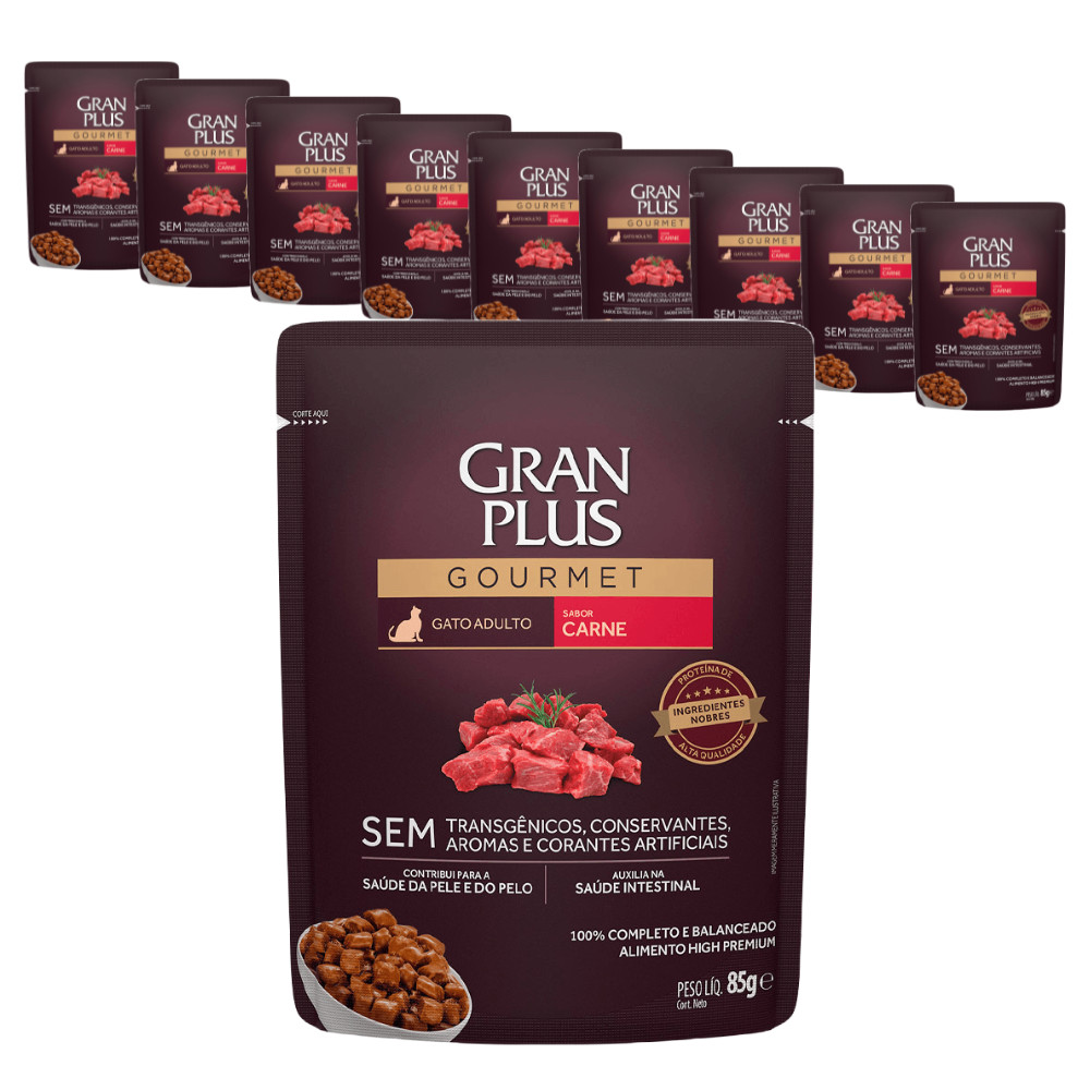 Ração Úmida Granplus Gourmet para Gatos Adultos sabor Carne - 85g - KIT 10 unids.