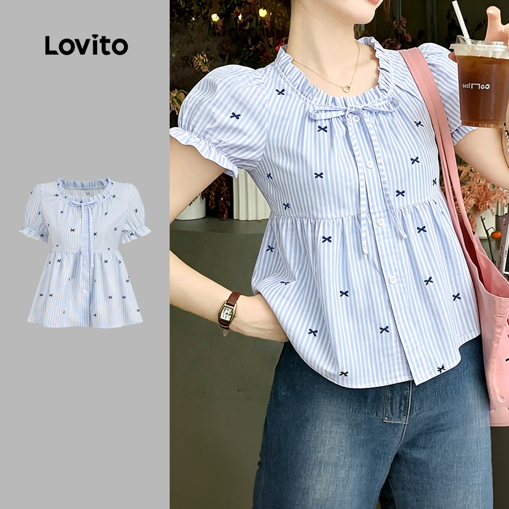 Lovito Blusa Casual Feminina Azul Claro de Primavera/verão com Laço e Botões Detalhe em babado L200AD177