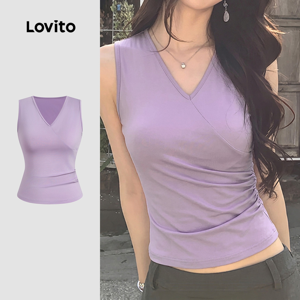 Lovito Top Elegante com Textura e Pregas Cor Roxa para Mulheres primavera/verão TKK8TD318