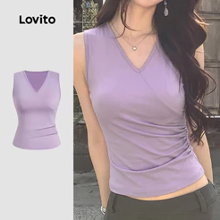 Lovito Top Elegante com Textura e Pregas Cor Roxa para Mulheres primavera/verão TKK8TD318