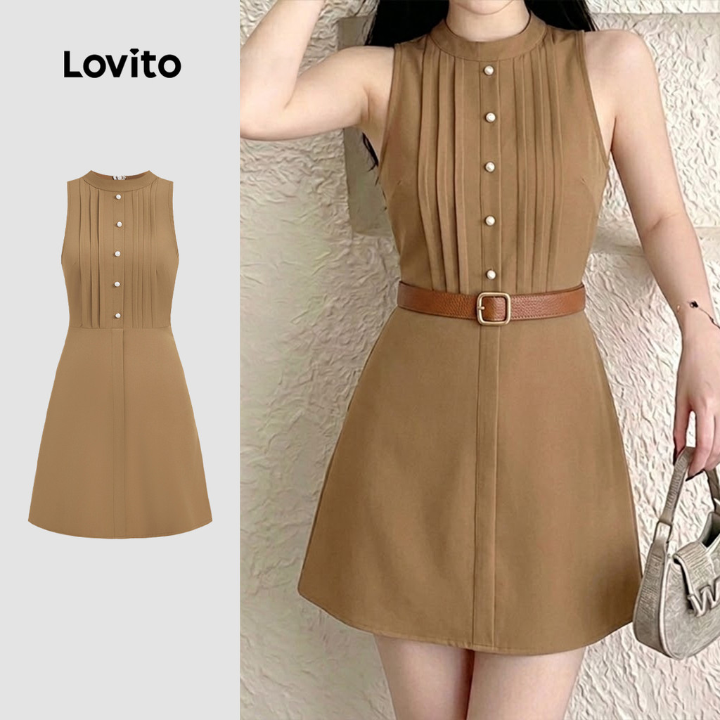 Lovito Vestido Casual de Botão Plicado com Zíper Vestido Caqui Primavera/verão para mulheres L198ED034