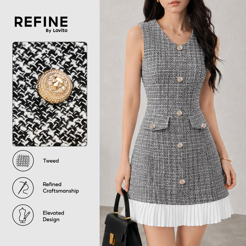 (Refine by Lovito) Nacional Vestido Feminino Elegante Com Tecido Xadrez E Costura Plissada Para Verão/primavera LR4ED030