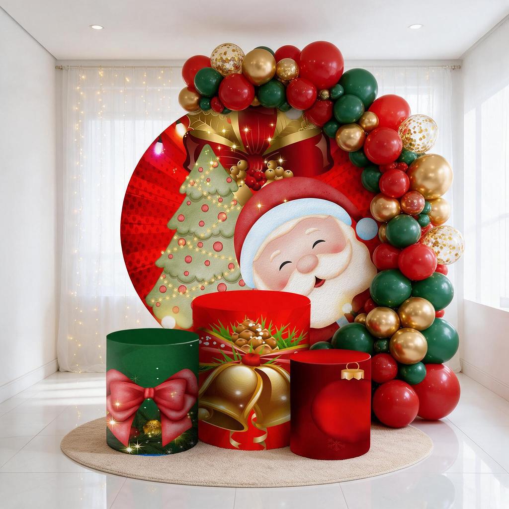 Painel de Festa Natal Redondo Tecido Kit Painel Festa Decoração Natalino Capa de Painel Lavável
