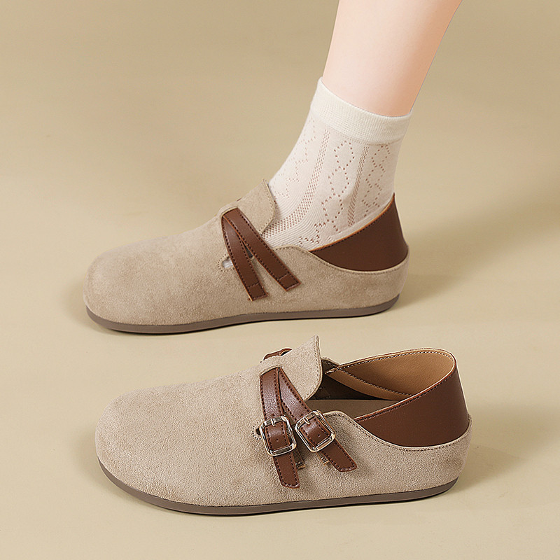 Imagem Sapatos femininos de camurça com fivela dupla, estilo retrô, sola macia, calçado casual para caminhada diária.