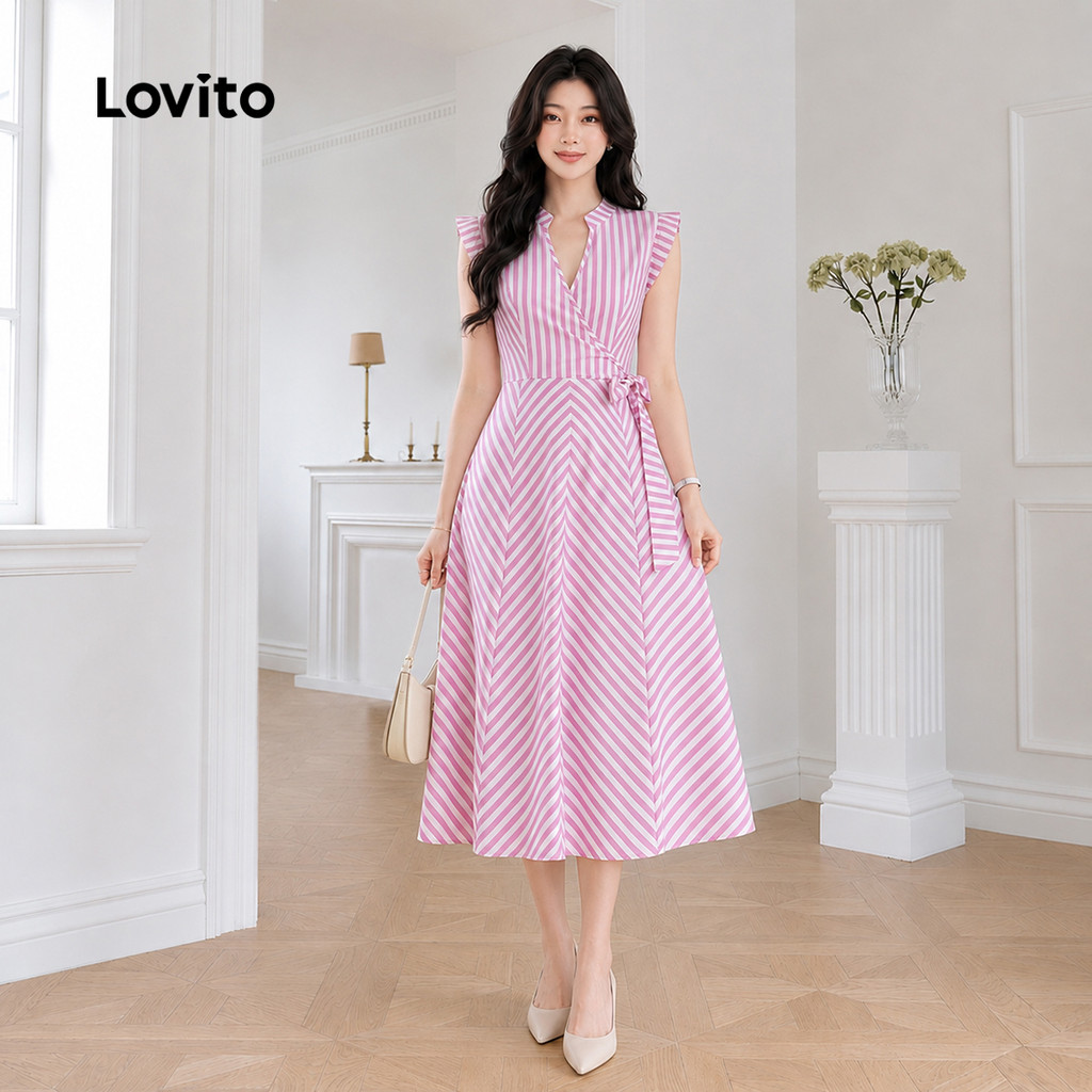 (New Arrival) Lovito Elegante Vestido Midi Evase Rosa E Branco Listrado Renda Amarração Primavera Verão Trabalho Para Mulheres DRB204P1D426 — imagem 2 de 2