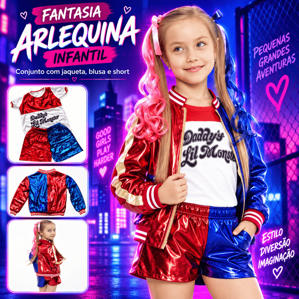 Fantasia Infantil Menina Festa Carnaval Halloween Arlequina