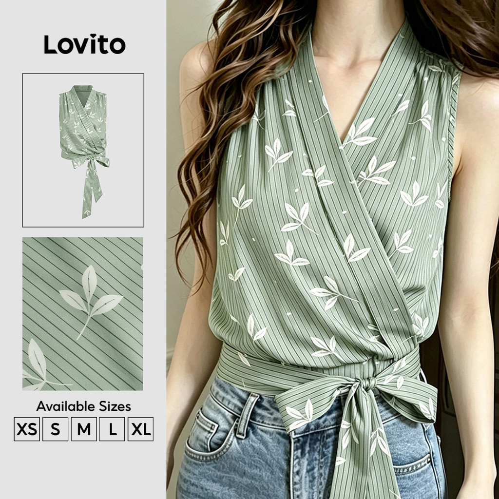 Lovito Top Elegante com Laço Estampa e Amarração Frontal Verde para Mulheres primavera/verão TKB198P1D3192
