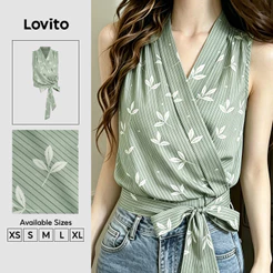 Lovito Top Elegante com Laço Estampa e Amarração Frontal Verde para Mulheres primavera/verão TKB198P1D3192