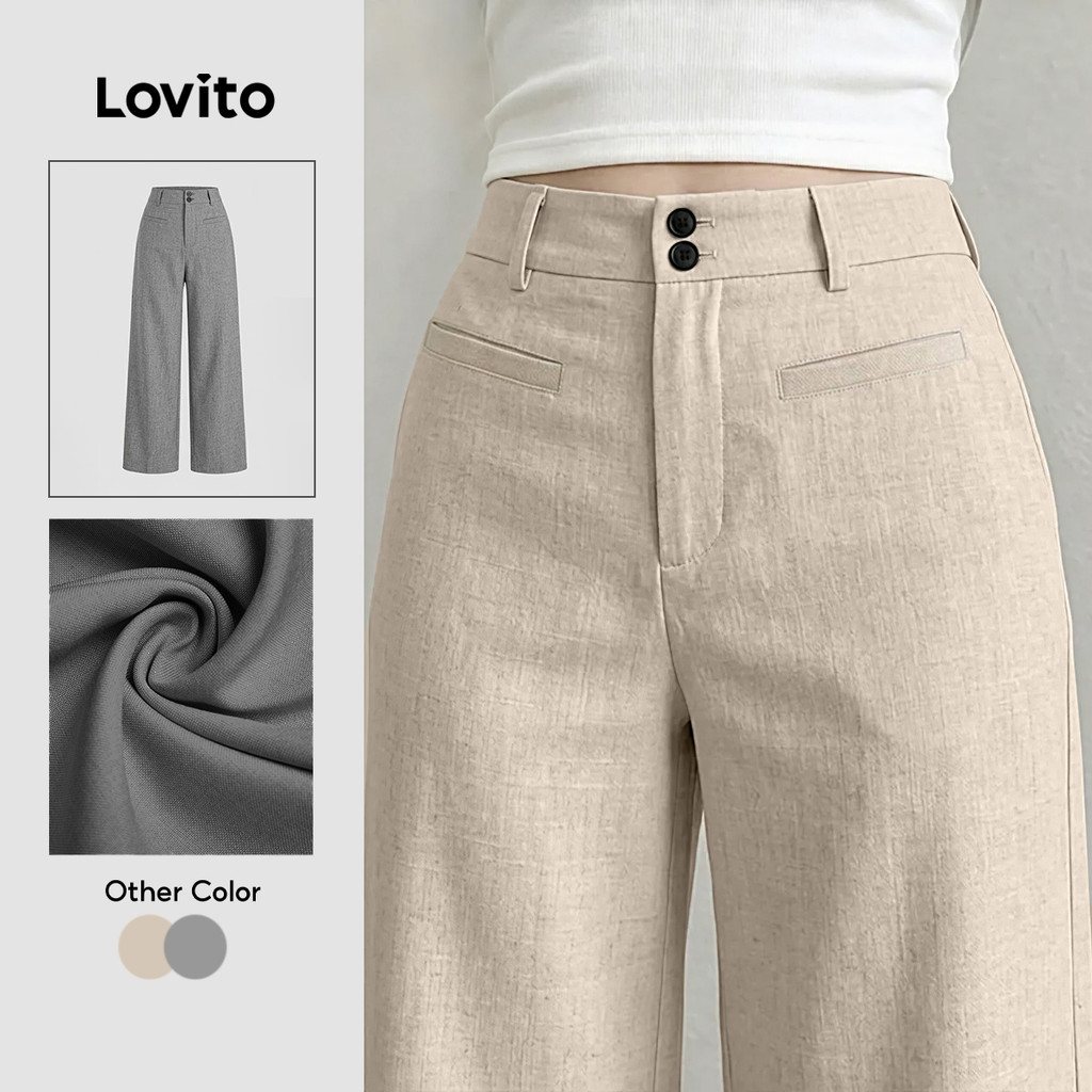 Lovito Calça Casual Feminina Com Bolso Falso E Botão Primavera/Verão Alfaiataria Cor Caqui PTK8P1D829